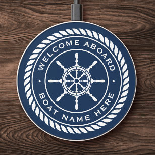 Welcome aboard boat name rope nautical ship wheel wireless charger 