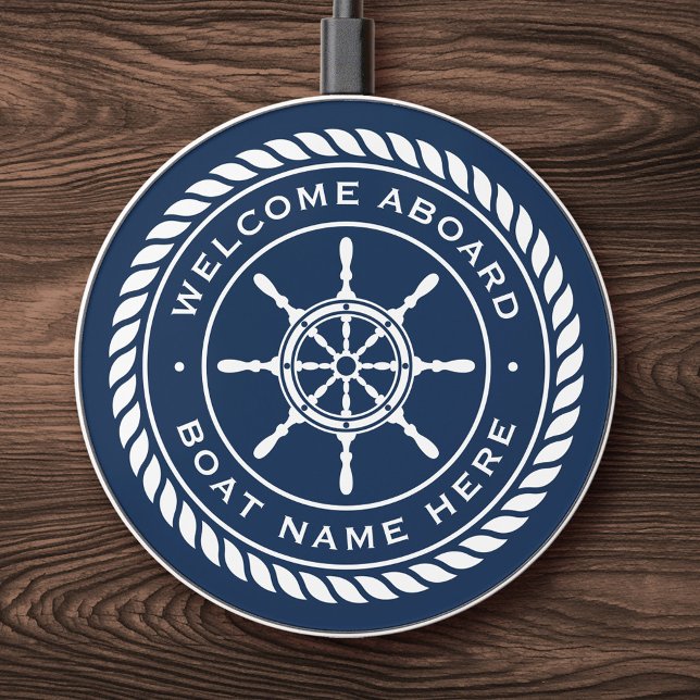 Welcome aboard boat name rope nautical ship wheel wireless charger  (Welcome aboard boat name rope nautical ship wheel wireless charger)