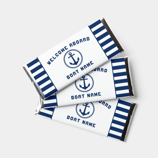 Welcome Aboard Boat Name Sea Anchor Blue Stripes Hershey Bar Favors (Front)