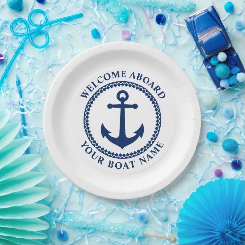 Welcome Aboard Boat Name Sea Anchor Blue White Pap Paper Plates