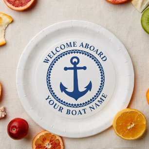 Welcome Aboard Boat Name Sea Anchor Blue White Pap Paper Plates
