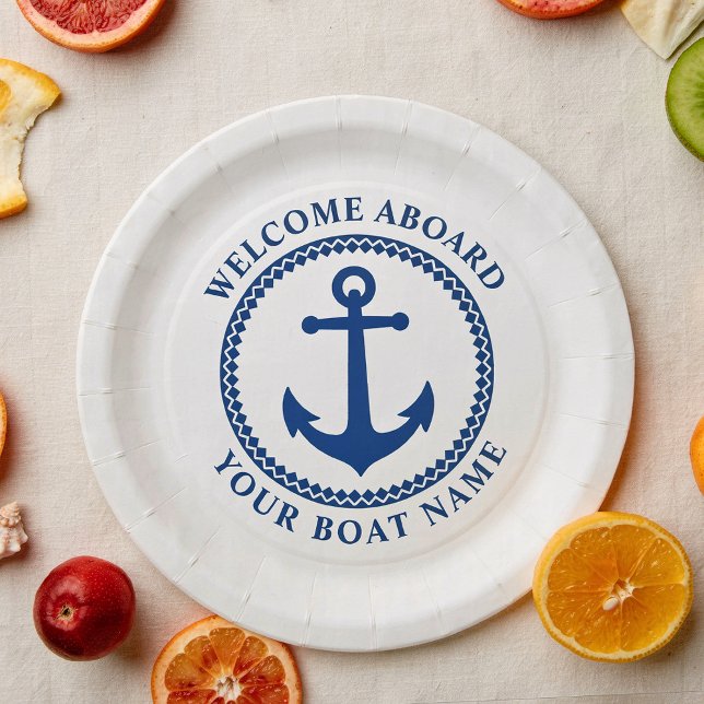 Welcome Aboard Boat Name Sea Anchor Blue White Pap Paper Plates (Creator Uploaded)
