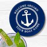 Welcome Aboard Boat Name Sea Anchor Navy Blue Coas Coaster Set<br><div class="desc">A stylish nautical themed coaster set with welcome aboard and your personalized boat name or other desired text. Features a custom designed sea anchor with diamond trim. Comes in white on navy blue or easily change the base color to match your current decor.</div>