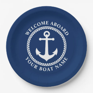 Welcome Aboard Boat Name Sea Anchor Navy Blue Pape Paper Plates