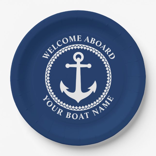 Welcome Aboard Boat Name Sea Anchor Navy Blue Pape Paper Plates (Front)