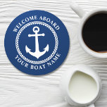 Welcome Aboard Boat Name Sea Anchor Navy Blue Roun Round Paper Coaster<br><div class="desc">A stylish nautical themed paper coaster set with welcome aboard and your personalized boat name or other desired text. Features a custom designed sea anchor with diamond trim. Comes in white on navy blue or easily change the base color to match your current decor.</div>