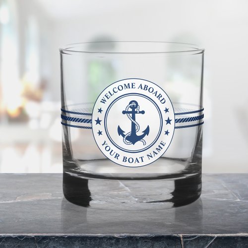 Welcome Aboard Boat Name Stylish Anchor Rope Stars Whiskey Glass