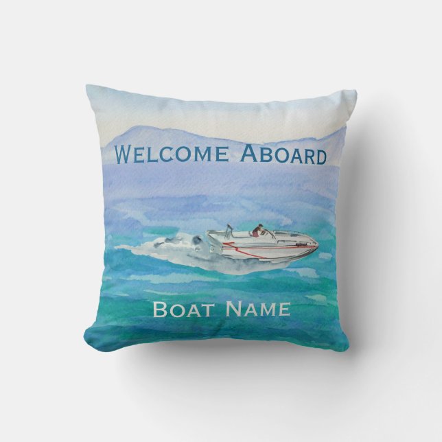 Welcome Aboard Boat Name Watercolor Boating Throw Pillow (Front)