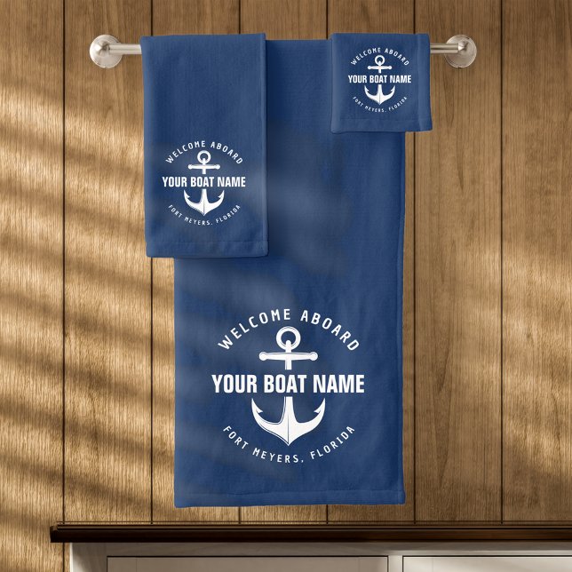 Welcome Aboard Boat Navy Blue Nautical Anchor Bath Towel Set (Creator Uploaded)