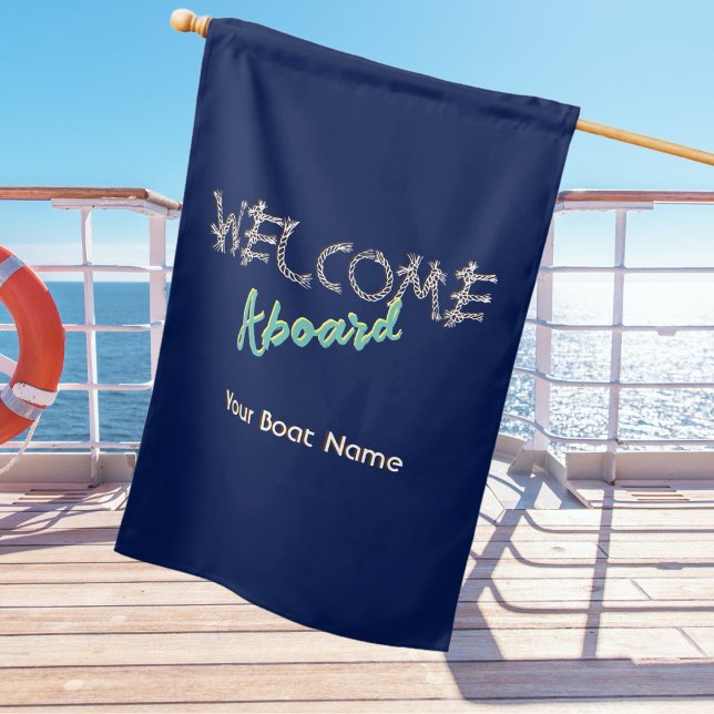 Welcome Aboard Boat Navy Blue Nautical Reversible House Flag (A navy blue outdoor flag with 'Welcome Aboard' message, customizable with boat name or other text)