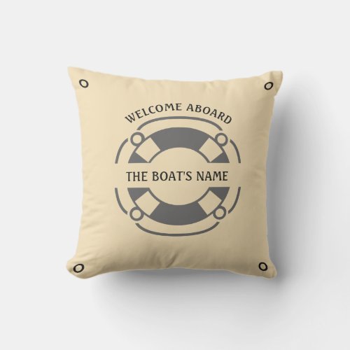 Welcome Aboard Boats Name Beige and Grey Nautical Outdoor Pillow