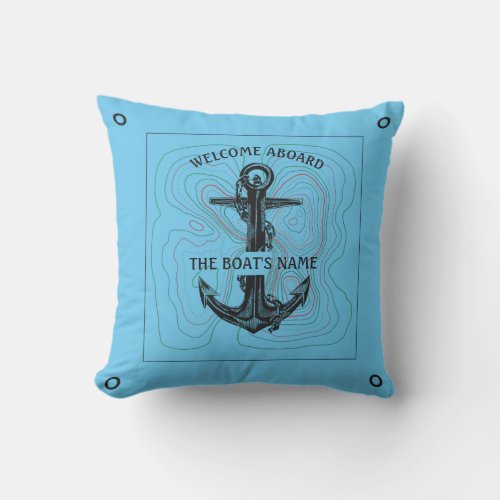 Welcome Aboard Boats Name Nautical Sky Blue Black Outdoor Pillow