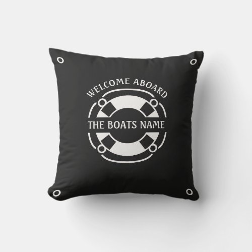 Welcome Aboard Boats Name Nautical White and Black Outdoor Pillow