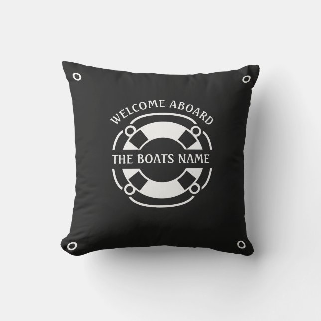 Welcome Aboard Boats Name Nautical White and Black Outdoor Pillow (Front)