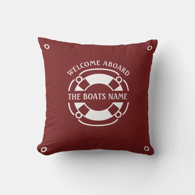 Welcome Aboard Boats Name Nautical White Dark Red Outdoor Pillow (Front)
