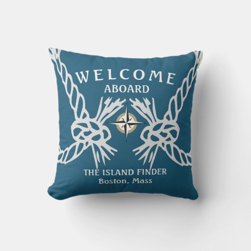 Welcome Aboard Boats Name Ocean Blue White Grey Outdoor Pillow