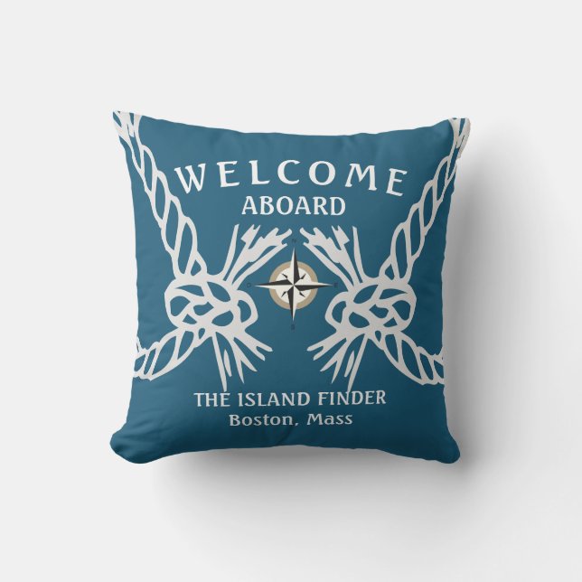 Welcome Aboard Boats Name Ocean Blue White Grey Outdoor Pillow (Front)
