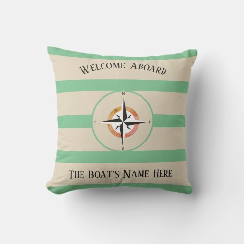 Welcome Aboard Boats Name Sea Green Stripes _ Outdoor Pillow