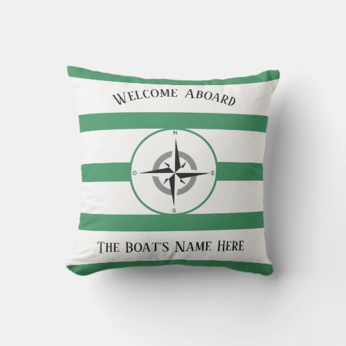 Welcome Aboard Boats Name Sea Green Stripes Outdoor Pillow