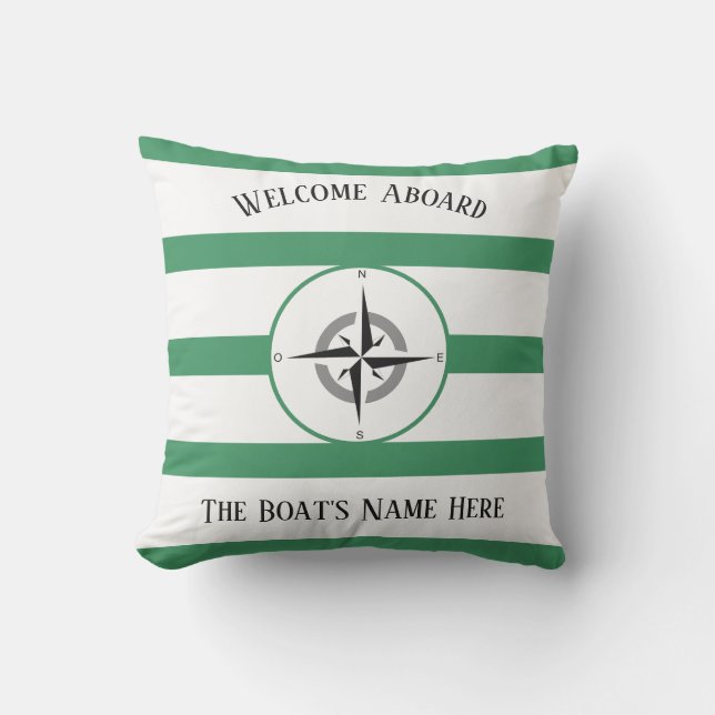 Welcome Aboard Boats Name Sea Green Stripes Outdoor Pillow (Front)