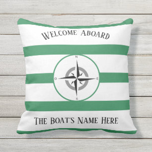 Welcome Aboard Boats Name Sea Green Stripes Outdoor Pillow