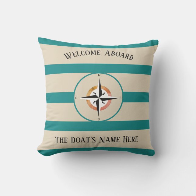 Welcome Aboard Boats Name Teal Stripes  Outdoor Pillow (Front)