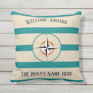 Welcome Aboard Boats Name Teal Stripes Outdoor Pillow