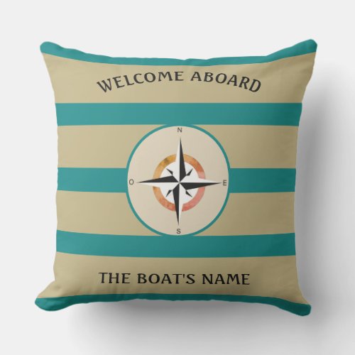 Welcome Aboard Boats Name Teal Stripes Sand Color Outdoor Pillow