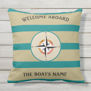 Welcome Aboard Boats Name Teal Stripes Sand Color Outdoor Pillow