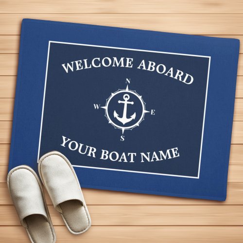 Welcome Aboard Compass Anchor Boat Name Blue Doormat
