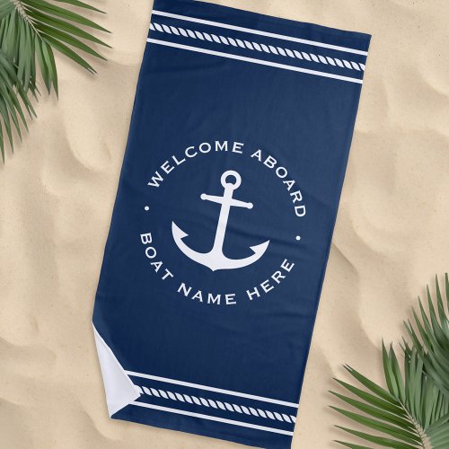 Welcome aboard custom boat name anchor dark blue beach towel