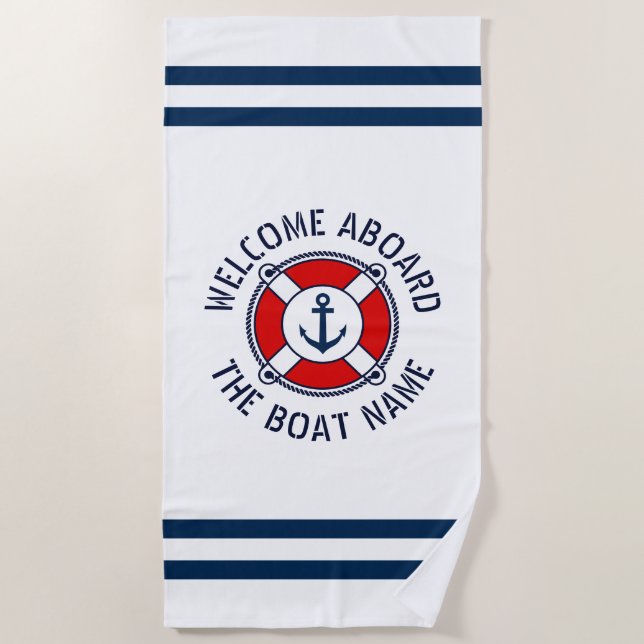 Welcome aboard custom boat name nautical anchor beach towel (Front)
