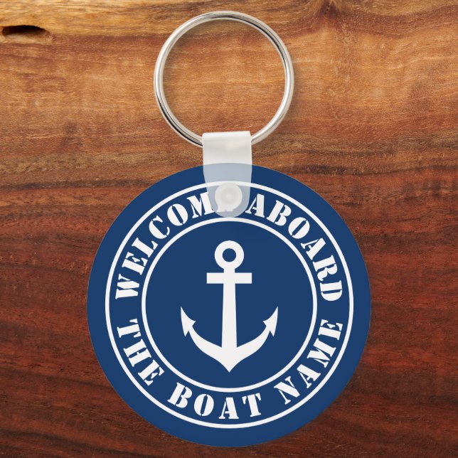 Welcome aboard custom boat name nautical anchor keychain (Front)