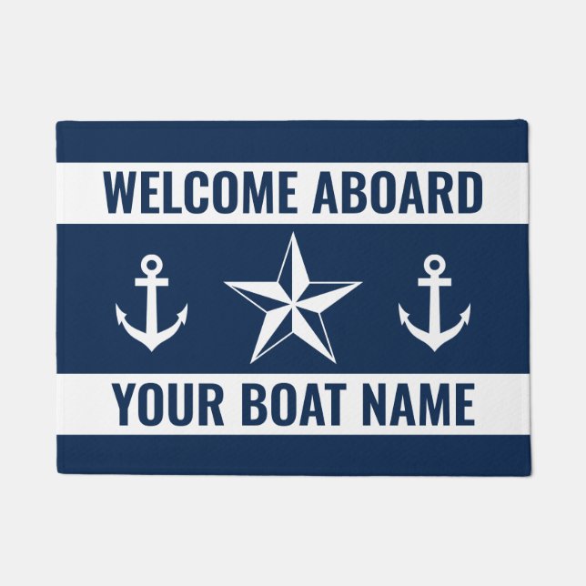 Welcome aboard custom boat name nautical star icon doormat (Front)