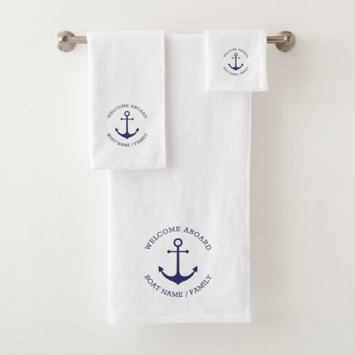 Welcome Aboard custom name navy blue anchor white Bath Towel Set