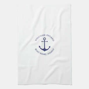 Welcome Aboard custom name navy blue anchor white Kitchen Towel