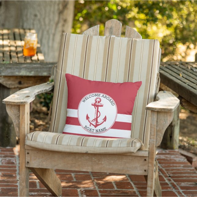 Welcome Aboard - Dark Red ⚓ Nautical Anchor Outdoor Pillow (Chair)