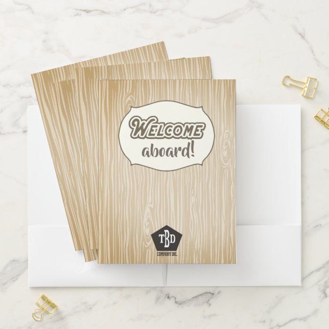 Welcome aboard faux wood onboarding welcome folder (In Situ)