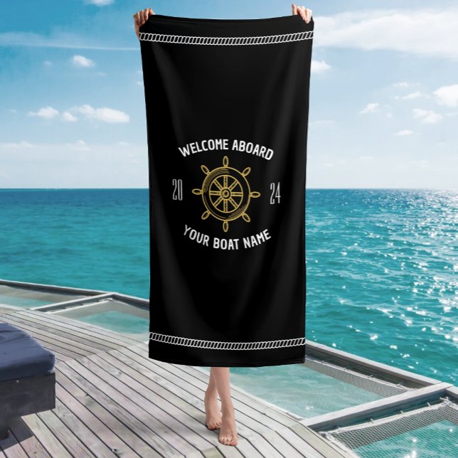 Welcome Aboard Gift for Boat Owners Black & Gold Beach Towel (Creator Uploaded)