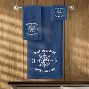 Welcome Aboard Gift for Boat Owners Navy Blue Bath Towel Set