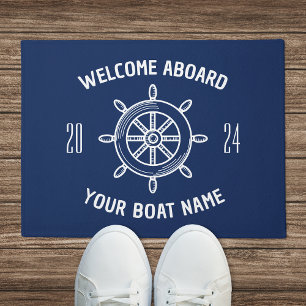 Welcome Aboard Gift for Boat Owners Navy Blue Doormat