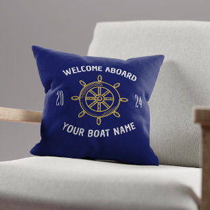 Welcome Aboard Gift for Boat Owners Navy Blue Gold Throw Pillow
