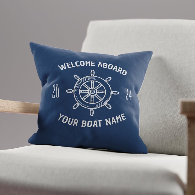 Welcome Aboard Gift for Boat Owners Navy Blue Throw Pillow (Creator Uploaded)