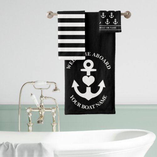 Welcome Aboard Heart Anchor Black White Stripes Bath Towel Set