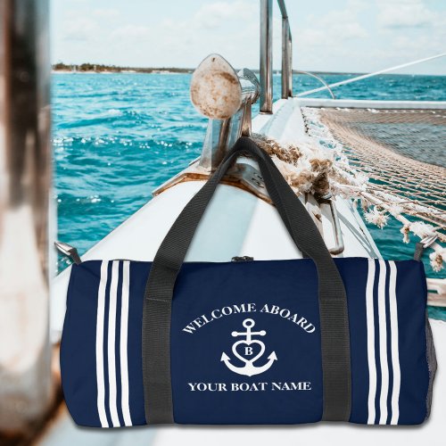 Welcome Aboard Heart Anchor Boat Name Monogram Duffle Bag
