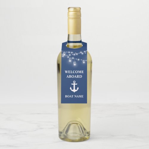 Welcome Aboard Lights Boat Name Navy Blue Bottle Hanger Tag