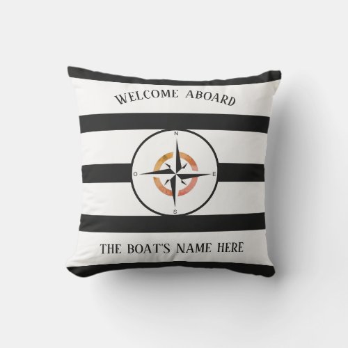 Welcome Aboard Name Ocean Black Stripes Nautical Outdoor Pillow