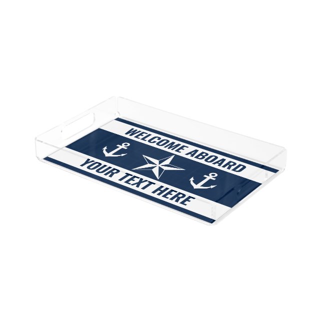 Welcome aboard nautical anchor and star elegant acrylic tray (Angled)