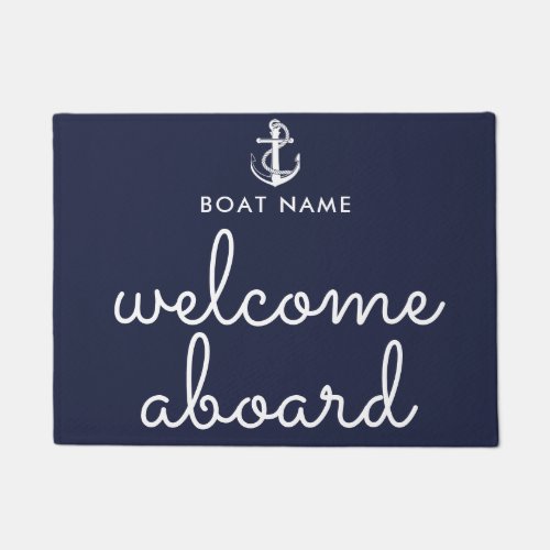 Welcome Aboard Nautical Anchor Boat Name Navy Blue Doormat