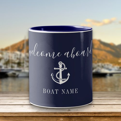 Welcome Aboard Nautical Anchor Boat Name Navy Blue Two_Tone Coffee Mug